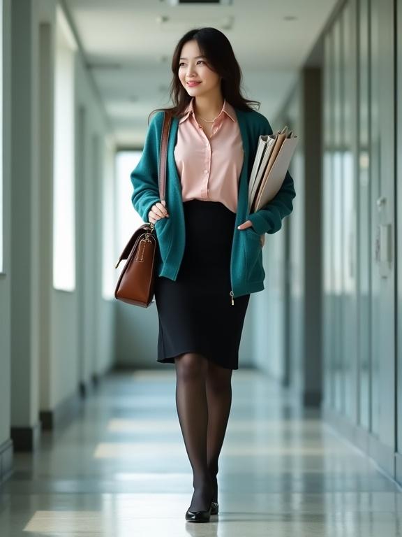 Full body image of a young female agent. She wears a blush-pink blouse and black knee-length skirt. A teal cardigan covers her. Black pantyhose and black ankle strap closed-toe low pumps on her feet. She walks through a corridor carrying files and a brown satchel. Cute plump face with light makeup and a red smile. Modern office with soft lighting around her.