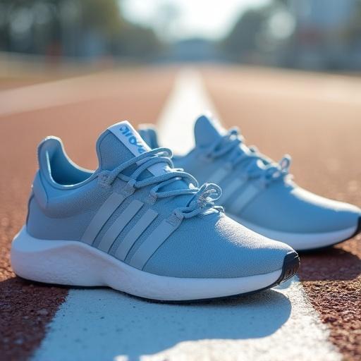 Side view of light blue sports shoes next to a white line on a runway. Shoelaces hang down forming natural folds. Backlit environment highlights blue strips and brown runway. Low-angle shot accentuates sole texture and ground roughness with a minimalist sports aesthetic.