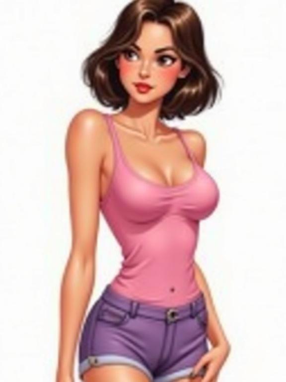This image features a young woman wearing a pink top and purple shorts. She has brown bob hair and brown eyes, complemented by playful freckles. The background is white. The art style emulates a pinup aesthetic characteristic of modern digital illustrations.
