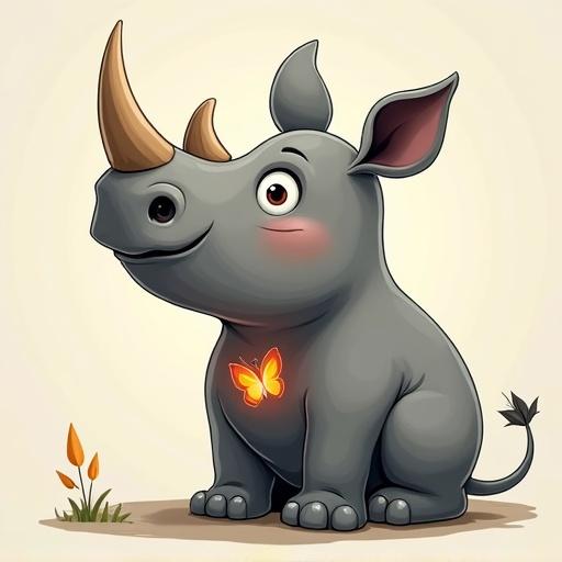 Cartoon rhino with a butterfly in place of its heart. Rhino appears friendly and cheerful with a light background.