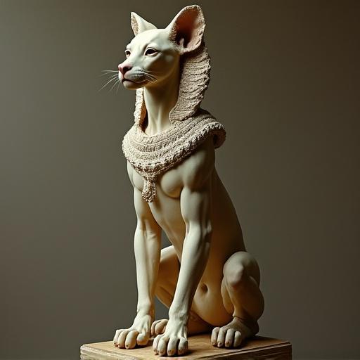 Statue of sphinx with human features. Muscular body. Elaborate neckpiece. Soft lighting accentuates form.