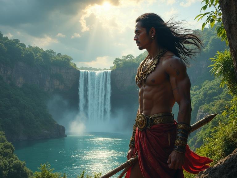 Young South Asian warrior prince with long black hair. Sharp features and fierce eyes. Minimal ancient attire includes golden waist belt and tribal jewelry. Red cloth draped with lion emblem. Toned muscular body with scars. Standing on cliff. Stormy sky with wind blowing. Jungle and lightning in the background. Gripping a spear, expression of courage and sorrow. Cinematic lighting and dramatic clouds. Waterfall and serene lake below.