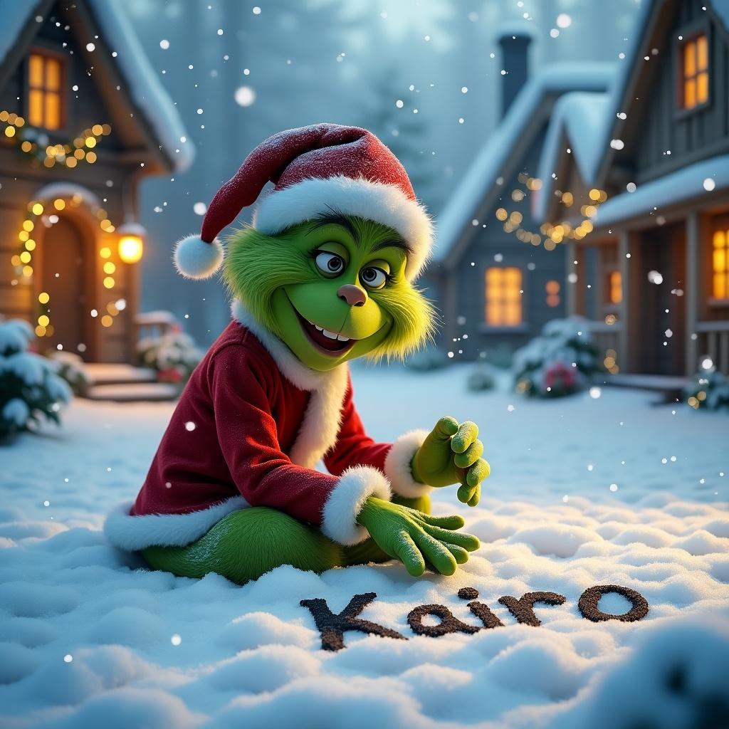 In a snowy landscape, the Grinch sits on the ground in a red and white Christmas outfit. He is happily writing the name 'Kairo' in the freshly fallen snow. Delicate snowflakes are cascading around, enhancing the cheerful winter scene. His face is lit up with joy, reflecting the essence of the holiday. Cozy cottages with warm lights surround him, contributing to the magical atmosphere. This moment captures creativity and the spirit of giving, making it ideal for holiday themed projects.