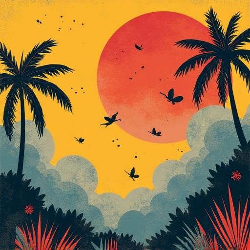 Bright tropical illustration features palm trees and a large sun. A warm color palette of orange and yellow dominates the sky with playful elements like birds.