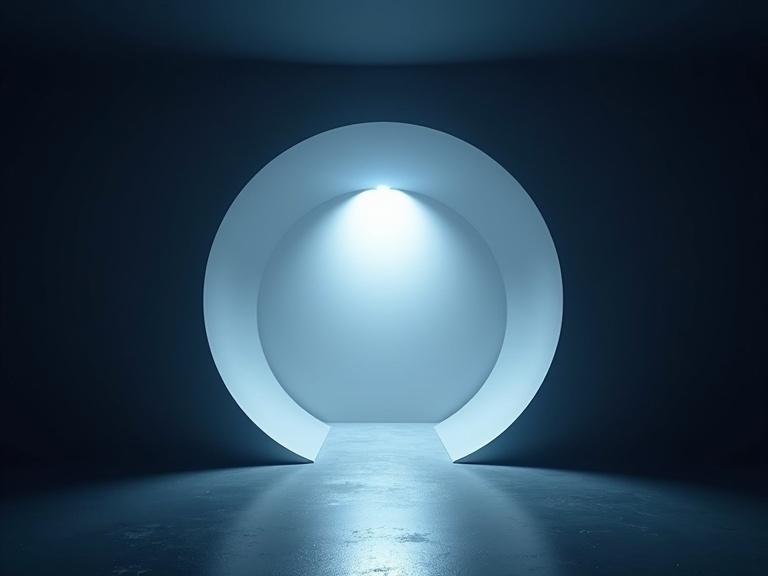 Dark atmosphere with bright white light behind a sleek round shape. Smooth dark silver metallic background with light shining from behind. Shadows and details in 4k hdr. Dark blue filter with bright blue lens flare in front.