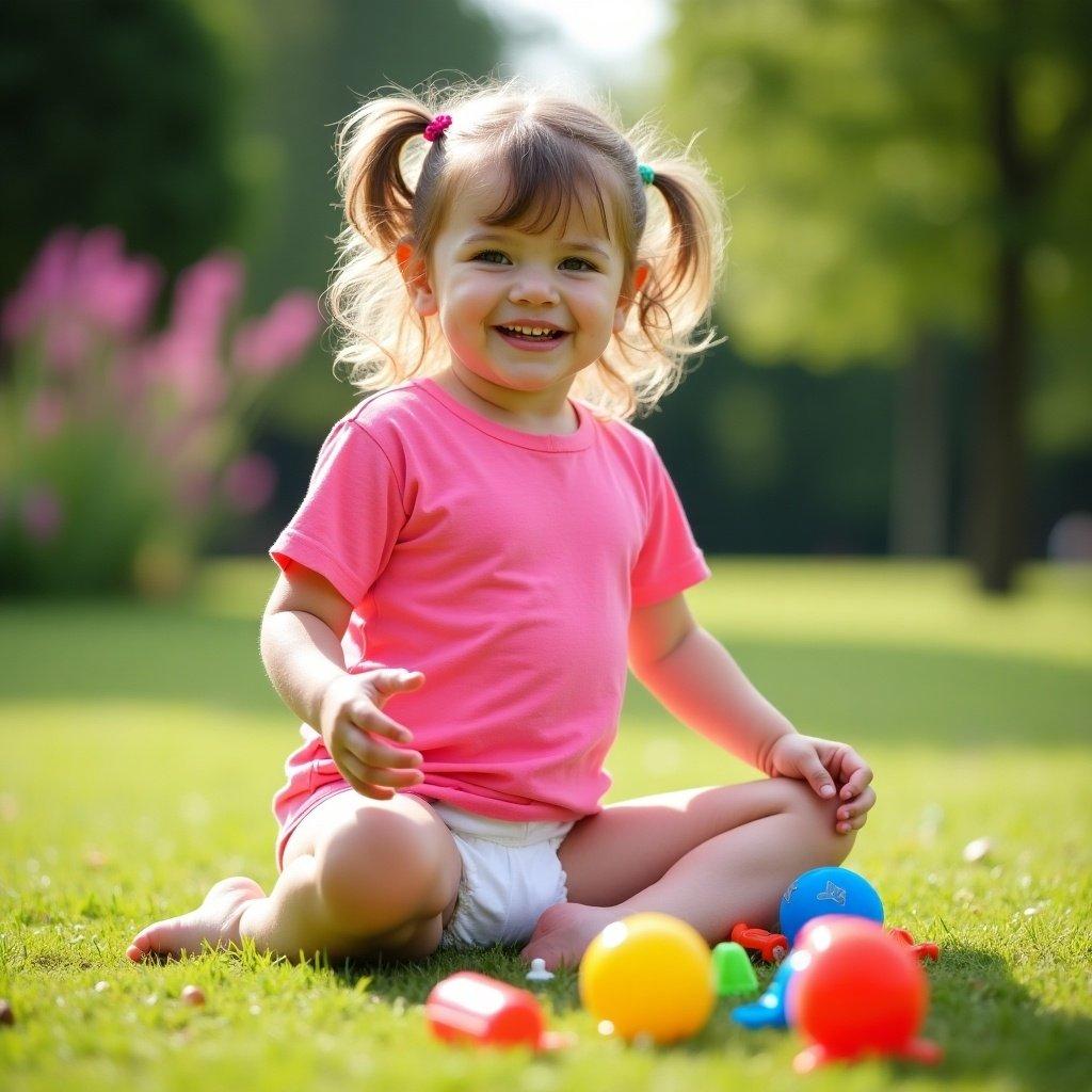 Four year old girl in a pink t-shirt. She sits on lush green grass surrounded by colorful toys. The sun shines above, creating a cheerful playtime atmosphere.