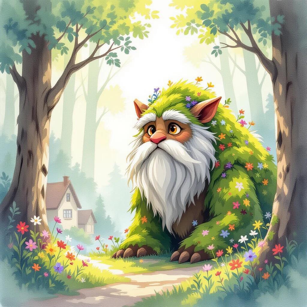 A moss-covered forest giant with tangled fur and soft amber eyes peeks out from behind trees. It watches over a quiet village. Wildflowers bloom along its back. Painted in delicate watercolor with loose brushstrokes. Soft outlines and pastel tones. Gentle light filtering through trees.