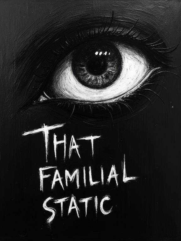 An extremely rough oil sketch on a textured black background. A distorted silhouette human eye emerges from the top corner. The eye features a swirling void. Below the eyelid, white distorted shadows form the words 'That Familial Static' in warped lettering, smaller than the eye.