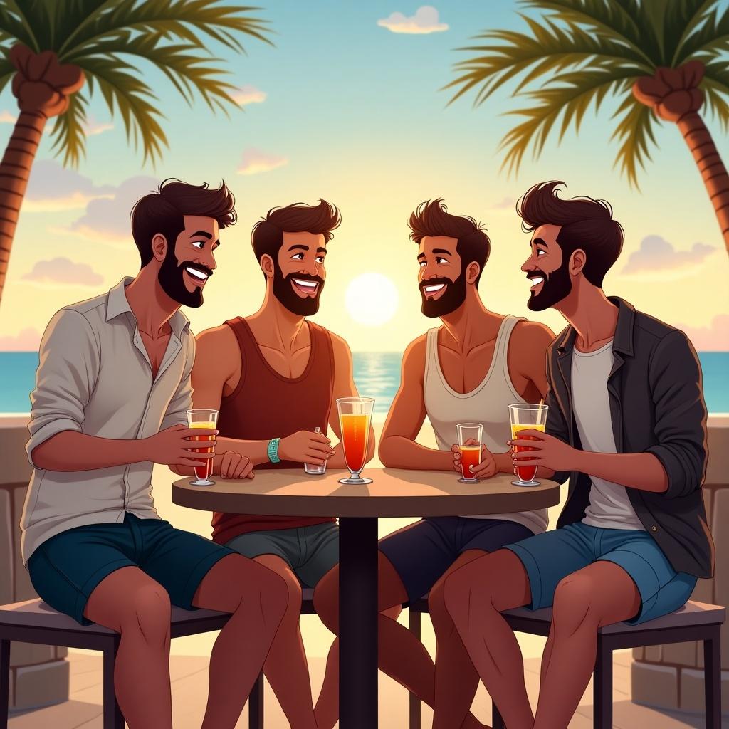 The image features a group of four animated friends sitting at a table enjoying a casual evening. They are at a beachfront restaurant terrace, surrounded by palm trees. Each friend has a drink in hand and is sharing laughter, showcasing vibrant expressions of joy. The outfits are casual and summery, perfectly reflecting the mood of friendship and fun. The background features a warm sunset over the sea, creating a cozy and inviting atmosphere.