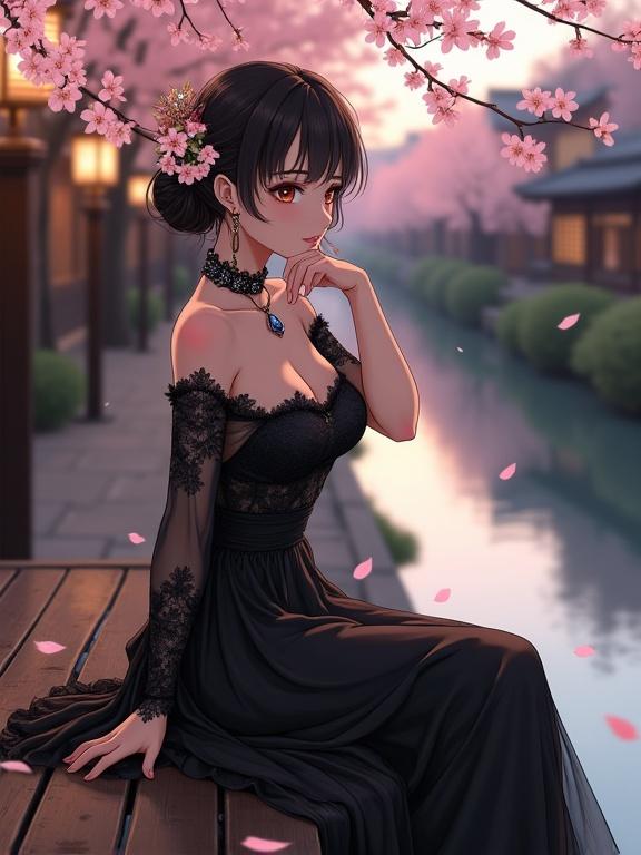 A beautiful woman sits on a bench by a river in Kyoto. She wears a black lace dress and has delicate accessories. The scene features cherry blossoms and warm lantern light. The setting combines traditional architecture with an anime aesthetic. Her posture exudes elegance and sophistication, creating a dreamlike atmosphere.