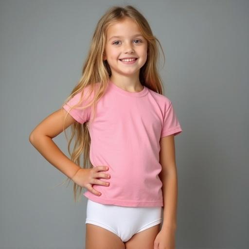 Image of a seven-year-old girl with long blonde hair. She wears a fitted pink t-shirt and white underwear. Background is soft gray. The lighting is soft and inviting. Girl poses relaxed with one hand on her hip. Captures a moment in childhood emphasizing comfort and innocence.