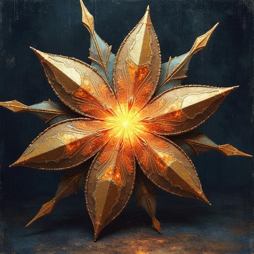Biomechanical flower with metallic petals. Grows from the ground, has regular leaves on the stem and unusual mechanical petals, inside the bud is a mechanism.