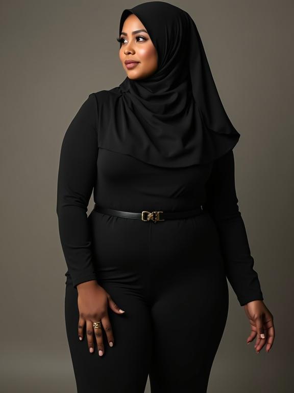 High-fashion portrait of a confident plus-size hijabi model wearing skin-tight office formal attire with a luxurious long-sleeve top and elegant hijab. The model demonstrates confidence and elegance. Soft lighting emphasizes the stylish attire while maintaining modesty.