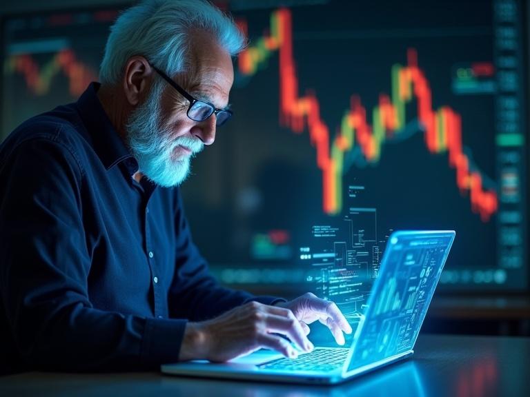 Creative shot of an old man using a sleek financial app on a holographic laptop. Background shows glowing stock charts and data visualizations representing mobile banking and investment.
