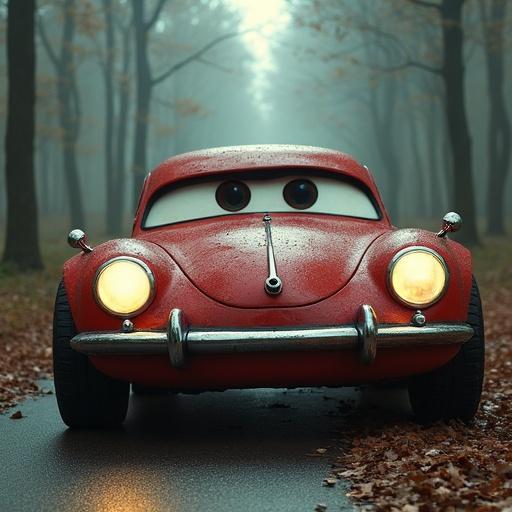 A car with a face on the front. The car is red with cartoonish features. It is positioned on a road surrounded by trees. The atmosphere is slightly foggy. The car has large eyes and a cheerful expression.