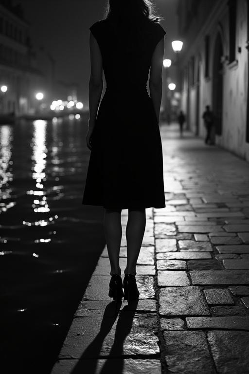 Cinematic black and white image of a woman walking in Venice. A low-angle view from the canal. The view is along a stone quay at night. Only the woman's legs and shoes visible. She wears a vintage mid-calf dress. High contrast lighting. Mysterious and quiet atmosphere. City lights reflect in the water.