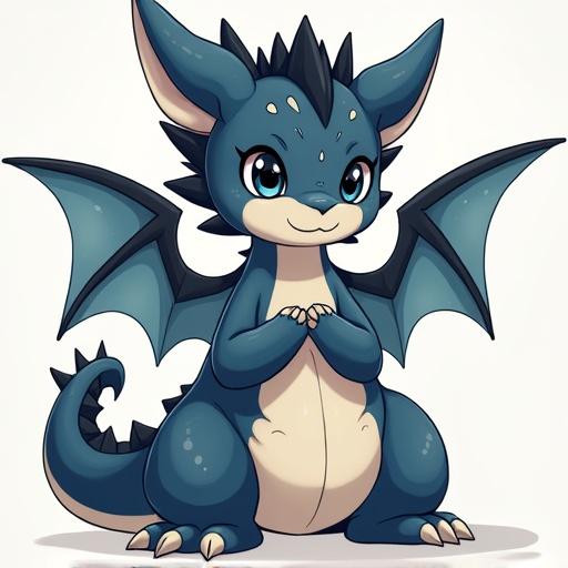A cute dragon girl with a furry face and limbs. She has blue scales and black hair. Elegant dress complements her playful posture. Big cute eyes and flamboyant wings.
