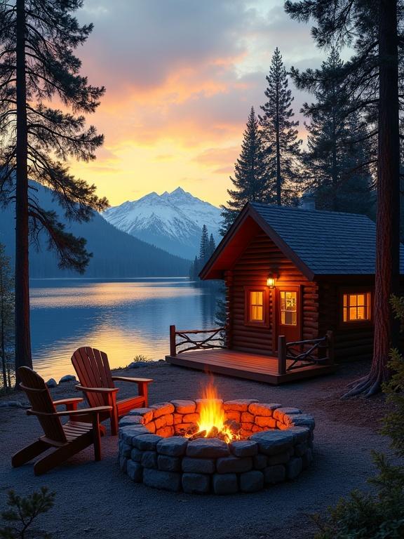 Tranquil lakeside cabin scene during sunset. Nestled in a forest with a snowy mountain backdrop. Cozy, peaceful, rustic atmosphere. Features a firepit with bright flames and Adirondack chairs. The cabin has a warm glow from windows. Lake reflects sunset colors.