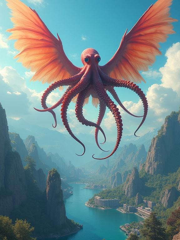3D art design featuring a bright-colored octopus with enormous wings flying over a city that is partially submerged in water. The scene is designed in a Pixar style with intricate details and sharp focus, inspired by Greg Rutkowski.