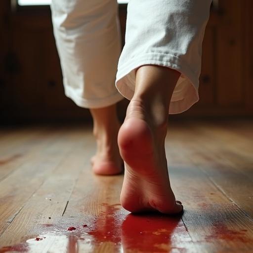 Female karate fighter walks barefoot on wooden dojo floor. Feet have bloody stains from previous activity. Traces of blood on the floor.