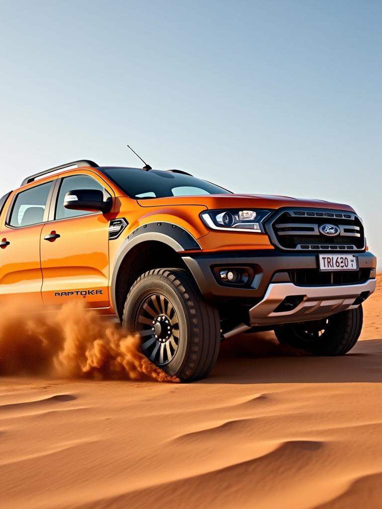 Orange Ford Ranger Raptor vehicle captures attention in Australian desert. Vehicle kicks up dirt showcasing off-road capability. Side displays Ford Ranger Raptor decal. Slight dirt marks accentuate rugged look.