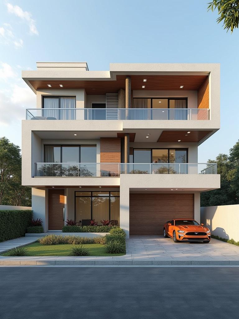 Image of a modern three-story house with large windows Balcony features A green lawn and a driveway with an orange sports car