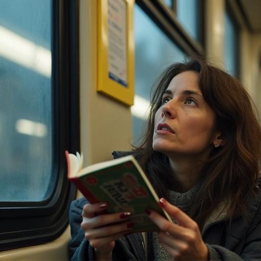 Woman sitting in a train while reading a book. She looks up suddenly, surprised by a train announcement. The scene captures a moment of focus disrupted. Warm lighting from the window enhances the atmosphere.