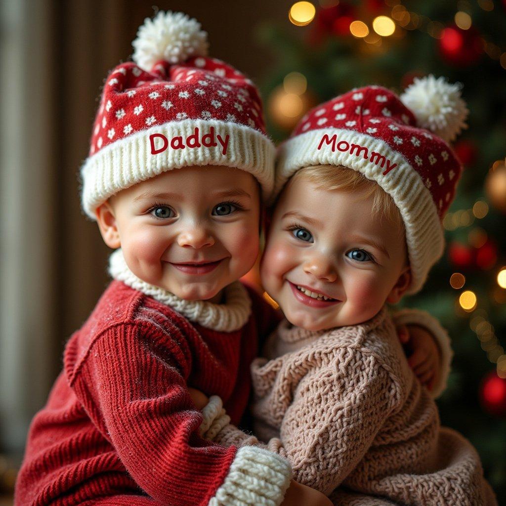 Christmas pictures featuring children wearing festive hats with names Daddy and Mommy. Background includes holiday decorations. Warm lighting creates a family atmosphere.