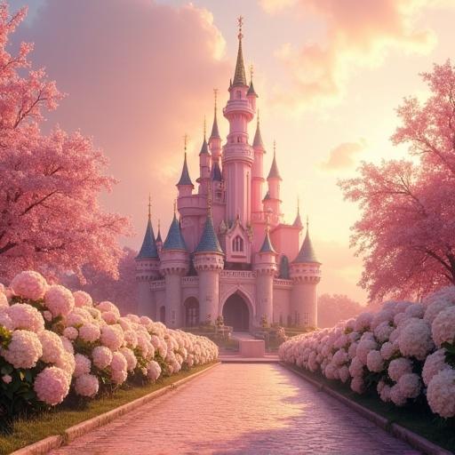 Beautiful sparkling light pink castle on a golden street with light roses and white hydrangea bushes.