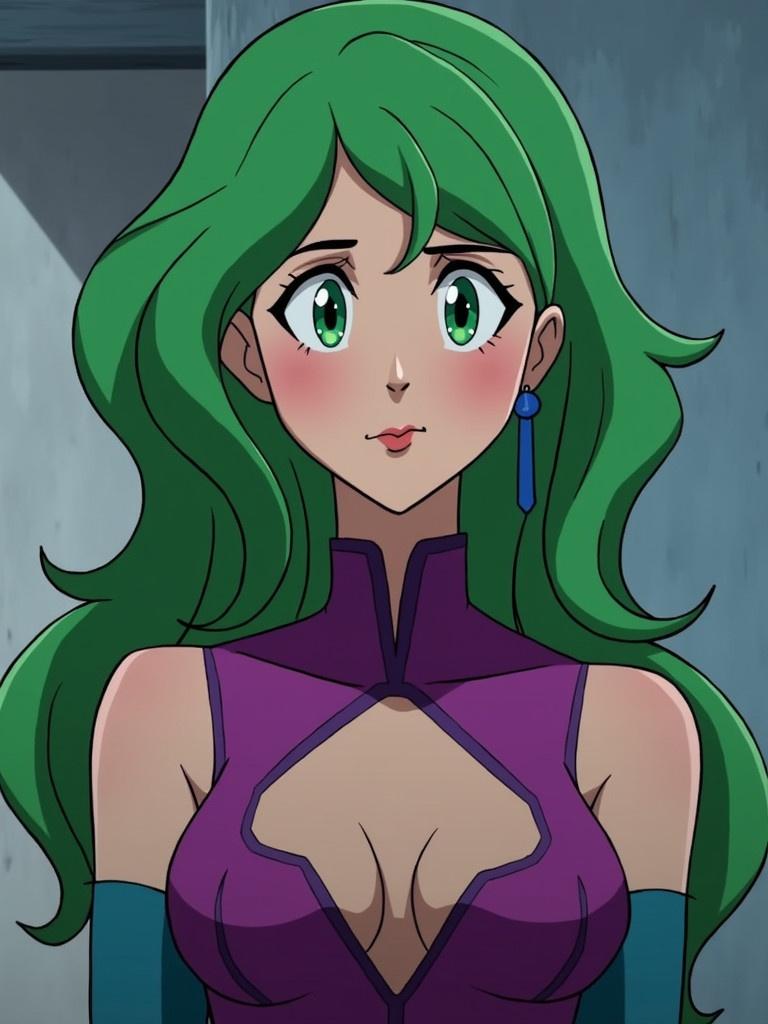 Entrapta from Netflix’s She-Ra and The Princesses of Power. Character with long green hair in purple attire. Character stands confidently and showcases vivid styling.