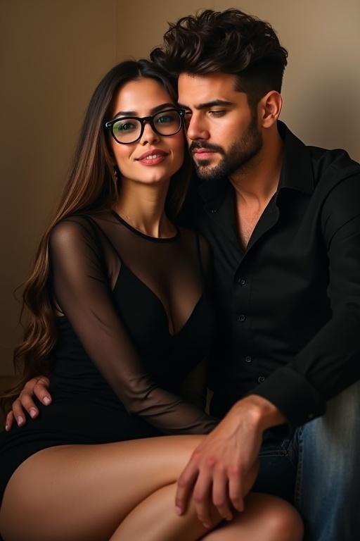 Couple sitting close together on the floor. Woman has long hair with black glasses and a black dress with a sheer top. She leans towards the camera with a confident smile and rests her head on her partner's shoulder. He has a charming appearance in a black shirt. Soft lighting highlights their expressions and connection. Modern portrayal of a couple in love.