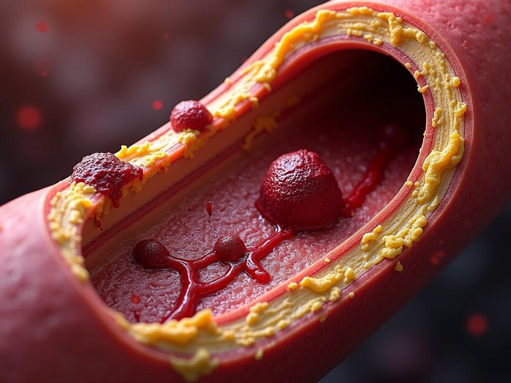 This image provides a close-up view inside a human artery. It depicts a cross-section that reveals the layers of the arterial wall, showing a build-up of cholesterol or plaque deposits that threaten to impede blood flow. The textures and colors capture the intricate biological structures in vivid detail, emphasizing the health risks associated with arterial blockages.