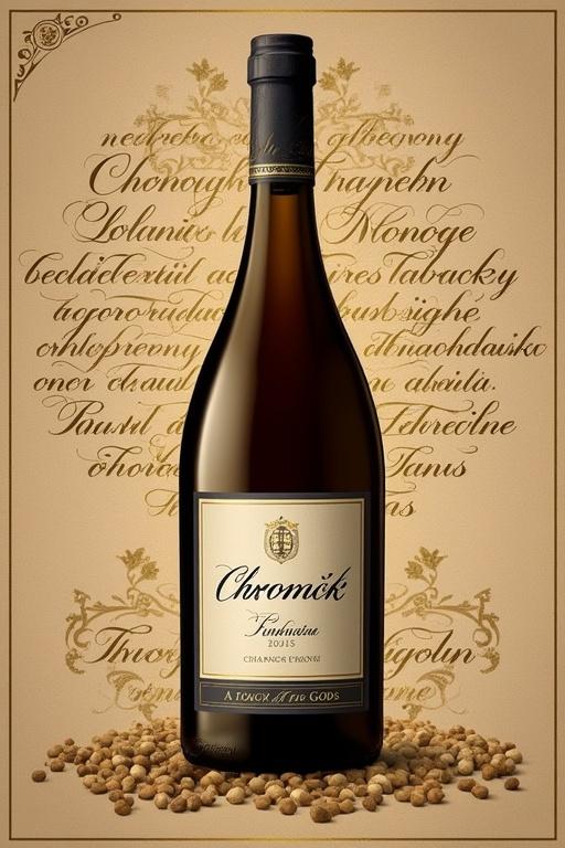 Wine label design focused on premium brand Chromík with cursive typography surrounding the bottle. Subtle wine pattern in the background. Dominant colors are deep browns and warm golds. Tagline at the bottom states A Touch Of The Gods. Themes emphasize luxury and craftsmanship.