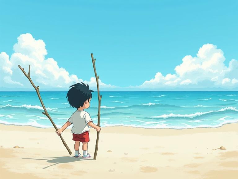 Ghibli style comic frame featuring a child playing with sticks at the beach. Boy stands on sandy shore facing the ocean.