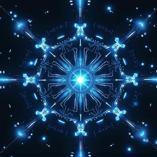 An image demonstrating AI as a future concept. Features bright blue geometric elements and a central light source, symbolizing data and technology integration