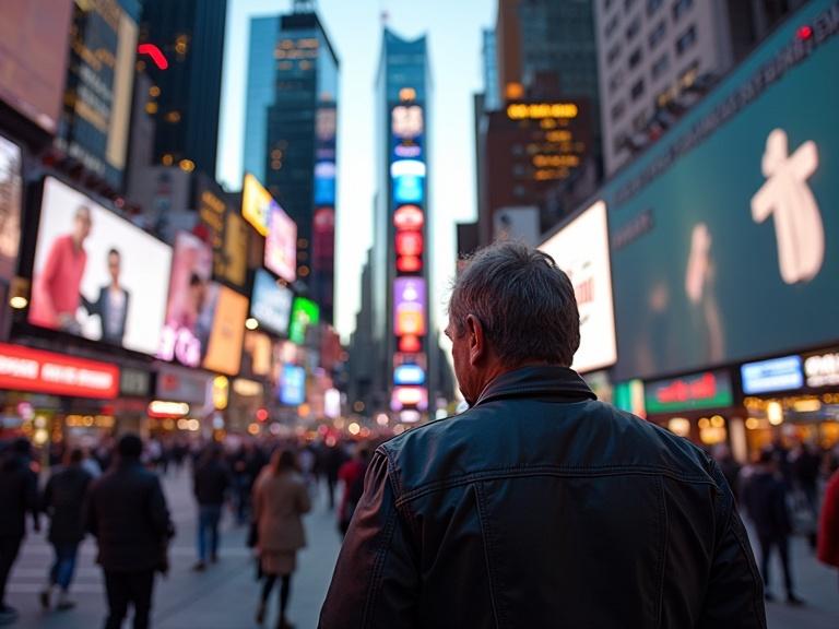 Times Square filled with people and illuminated advertisement billboards. Man stands in front of vibrant screens showcasing Bitcoin news and propaganda. A lively city atmosphere during evening with neon lights.