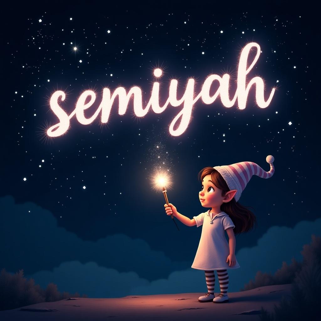 A girl elf uses a magical wand to create sparkling letters in the starry sky. The name 'semiyah' glows beautifully. The scene is filled with magic and whimsy, inviting viewers into a fantasy realm.