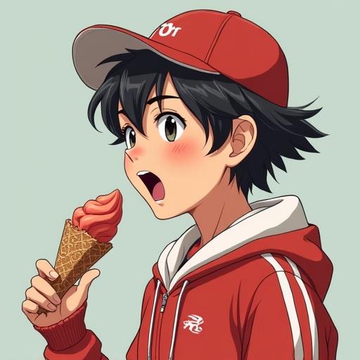 Tomboy character with short hair enjoys ice cream while wearing casual gym clothing. A red cap sits atop her head and she holds an ice cream cone.