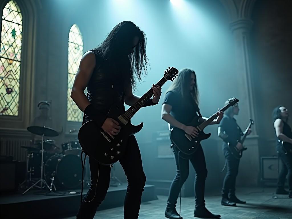 This image captures a gothic metal band named 'Made In Pain' performing energetically on stage. The scene is set in a dimly lit venue, enhancing the mood with shadows and dramatic lighting. The lead guitarist takes center stage, exuding passion as he plays his electric guitar. Other band members are engaged in the performance, creating an intense atmosphere. The gothic architecture in the background adds to the overall aesthetic of the band. The audience can feel the energy radiating from the musicians, solidifying their presence in the gothic metal scene.