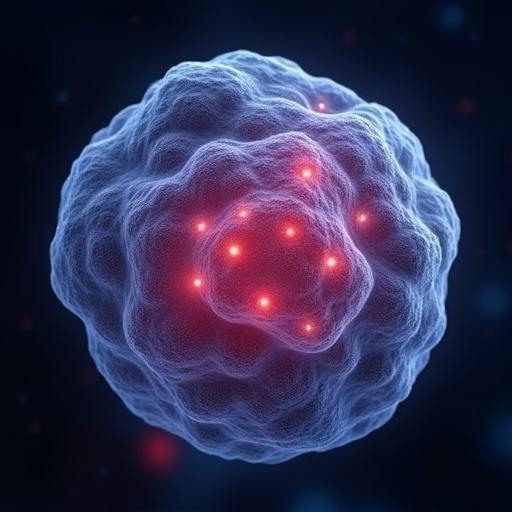 Generate an illustration of a pluripotent stem cell with no mitochondria. Visualize cellular structures highlighted in red against a dark background.