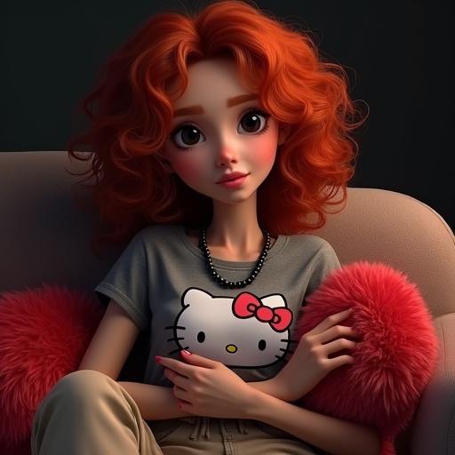Digital concept painting of a 25-year-old woman. She has long face and voluminous curly red hair. Dark black expressive eyes and naturally radiant skin. She wears grey t-shirt with Hello Kitty print and beige cargo pants. Black beaded necklace is worn. She hugs a furry red pillow while sitting on a sofa. Legs crossed with head tilted to the side. Silly expression with light smile is shown. Dark background with dramatic volumetric lighting adds atmosphere.
