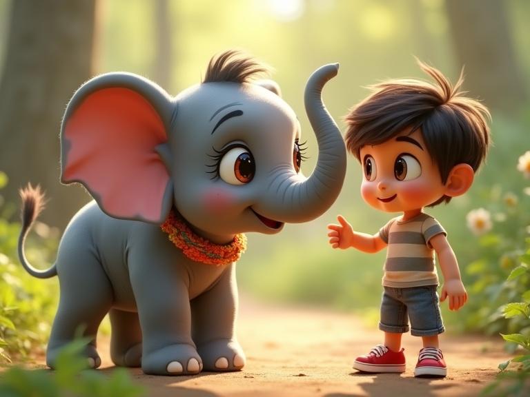 A baby Asian elephant calf interacts with a small boy in a lively forest. The elephant displays curiosity with joyful features, while the boy greets her with a friendly gesture. The setting radiates warmth and playfulness in Pixar-like 3D animation style.