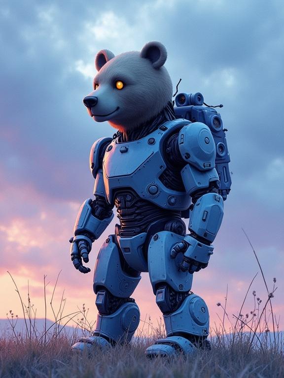 A watercolor painting of a robot bear sound engineer. Standing outdoors. Cloudy sky at dusk. Soft blue and purple hues.