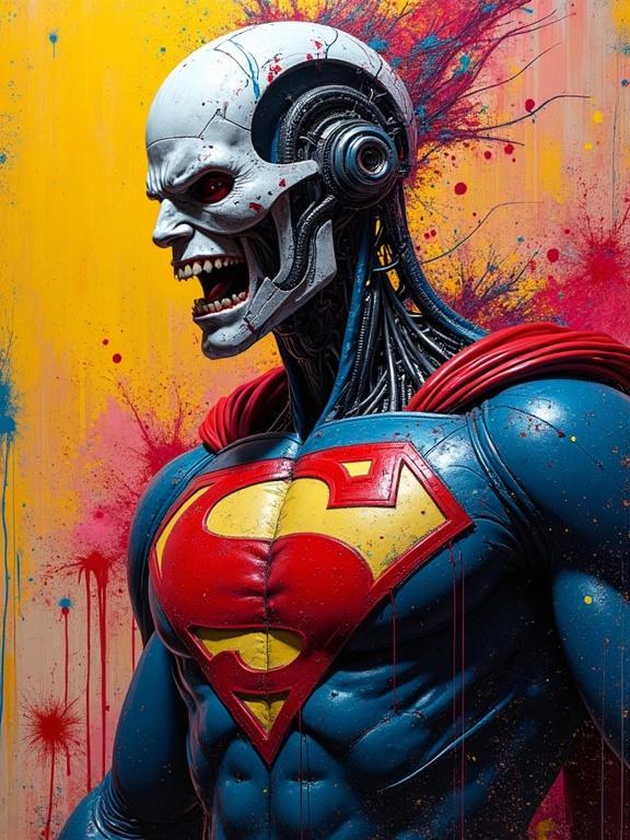An anger-driven cyborg version of Superman. The cyborg figure displays a hyperrealistic style with intricate details. Mid shot view emphasizes strength and emotion with color depth and dramatic lighting. Side light enhances the features against a colorful graffiti art background. The splash art style employs various painting techniques like spray paint and acrylic, revealing high contrast and polychromatic effects.