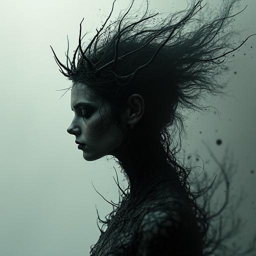 A figure distorts like a hologram flickering between clarity and pixelation. A crown of black metal is stable. She hums a low-frequency tone warping her environment. Style combines analog horror with high-tech elements.