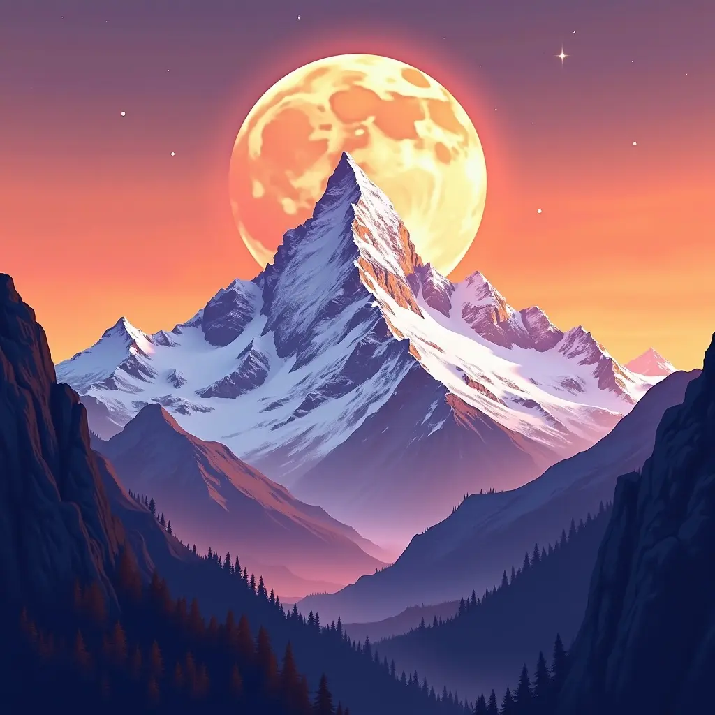 Stunning illustration of mountain landscape. Features majestic mountain with crescent moon above. Sky in orange and purple shades. Contrasting white and purple mountain with warm sky hues. Evokes tranquility and wonder. Intricate details showcase nature's beauty.