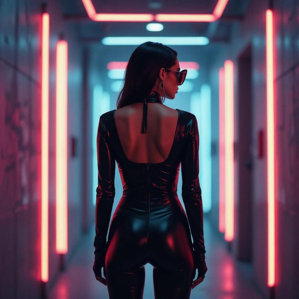 Futuristic scene with female Latino model posing from behind. She wears a sleek black catsuit and sunglasses. The setting features dramatic neon lights. A raw photograph captures the edgy atmosphere of the hallway.