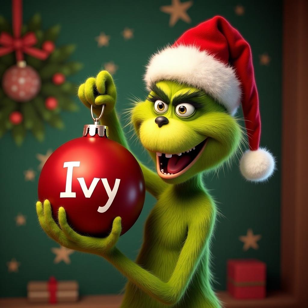 Grinch holds red Christmas bauble named Ivy with decorated holiday background. Character wears Santa hat and shows joyful expression.