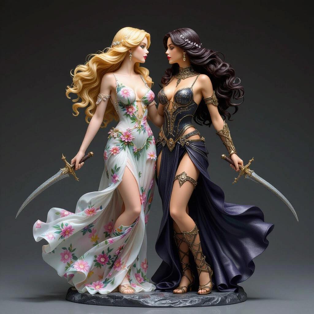 Ultra-detailed resin sculpture of two twin goddesses inspired by Gemini. Features two majestic women close to each other in a romantic pose. One has golden blonde hair and ethereal floral dress. The other has dark hair and body-hugging armor. Both wield curved swords. They are symbolically connected by a jewel or energy bond. Base includes a broken mirror symbolizing twins. Captivating, sensual, and elegant style with shadow and light.