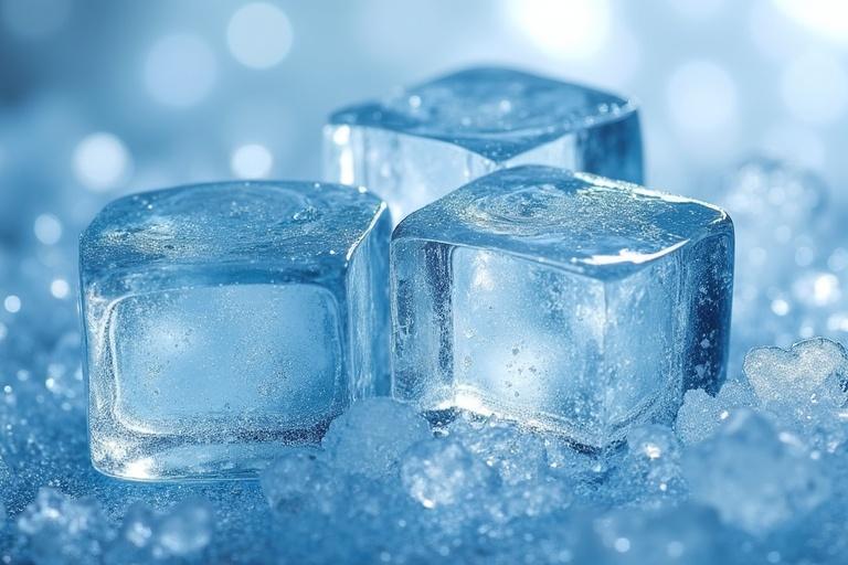 Close-up of ice cubes on a surface. Transparent ice with bubbles and reflections. Bright blue background with a soft focus. Ice cubes arranged in an intriguing layout.